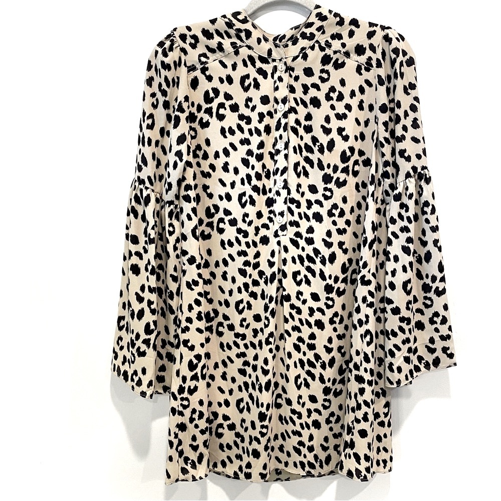 Buddy Love Windsor Feline Print Flare Long Sleeve Tunic Dress Size Small